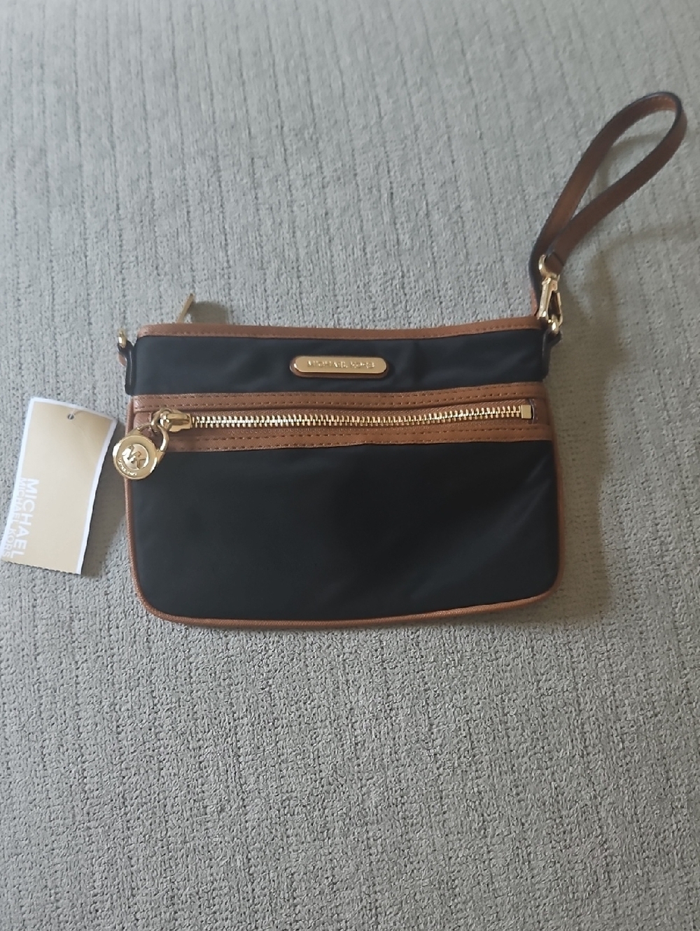 Michael Kors Black Nylon Wristlet with Tan Trim and Gold Hardware